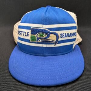 VTG 70s AJD Seattle Seahawks Super Stripe Snapback Trucker Hat NFL Blue White